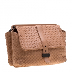 Pre Owned Bottega Veneta Pale Orange Intrecciato Leather Double Sided Flap Shoulder Bag