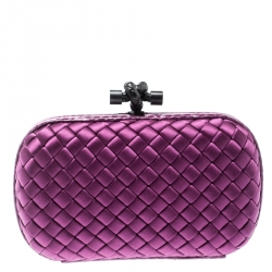 Pre Owned Bottega Veneta Purple Intrecciato Satin and Python Trim Knot Clutch