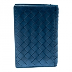 Pre Owned حافظة بطاقات بوتيغا فينيتا طية مزدوجة جلد انترشياتو زرقاء