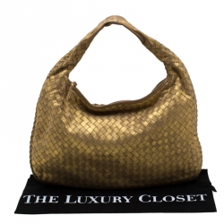 Pre Owned Bottega Veneta Metallic Gold Leather Medium Intrecciato Hobo