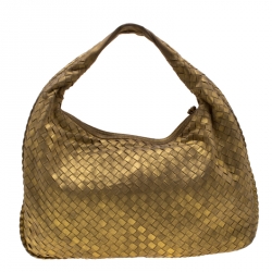 Pre Owned Bottega Veneta Metallic Gold Leather Medium Intrecciato Hobo