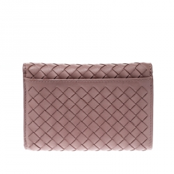 Pre Owned Bottega Veneta Nude Pink Intrecciato Leather Flap Compact Wallet