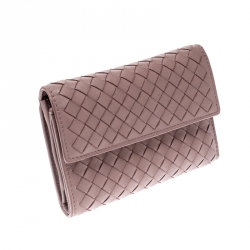 Pre Owned Bottega Veneta Nude Pink Intrecciato Leather Flap Compact Wallet