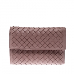 Pre Owned Bottega Veneta Nude Pink Intrecciato Leather Flap Compact Wallet
