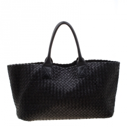 Pre Owned  Bottega Veneta Black Intrecciato Leather Medium Cabat Tote