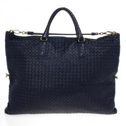 Pre Owned Bottega Veneta Navy Intrecciato Convertible Tote