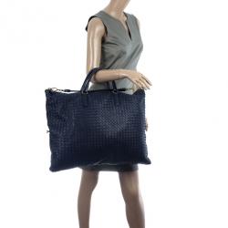 Pre Owned Bottega Veneta Navy Intrecciato Convertible Tote