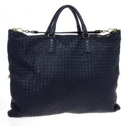 Pre Owned Bottega Veneta Navy Intrecciato Convertible Tote