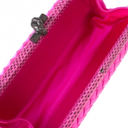 Pre Owned Bottega Veneta Bright Pink Intrecciato Satin and Python Trim Knot Clutch