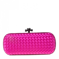 Pre Owned Bottega Veneta Bright Pink Intrecciato Satin and Python Trim Knot Clutch