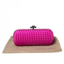 Pre Owned Bottega Veneta Bright Pink Intrecciato Satin and Python Trim Knot Clutch