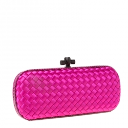 Pre Owned Bottega Veneta Bright Pink Intrecciato Satin and Python Trim Knot Clutch