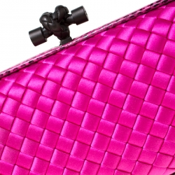 Pre Owned Bottega Veneta Bright Pink Intrecciato Satin and Python Trim Knot Clutch