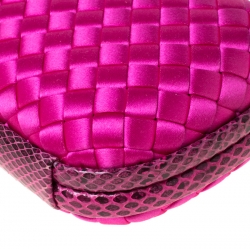 Pre Owned Bottega Veneta Bright Pink Intrecciato Satin and Python Trim Knot Clutch