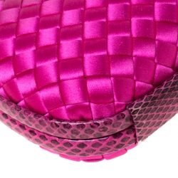 Pre Owned Bottega Veneta Bright Pink Intrecciato Satin and Python Trim Knot Clutch
