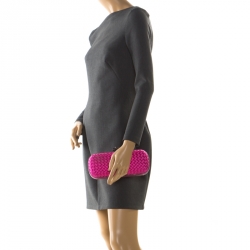 Pre Owned Bottega Veneta Bright Pink Intrecciato Satin and Python Trim Knot Clutch
