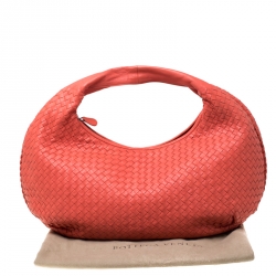 Pre Owned Bottega Veneta Coral Orange Intrecciato Leather Large Veneta Hobo