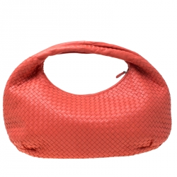 Pre Owned Bottega Veneta Coral Orange Intrecciato Leather Large Veneta Hobo