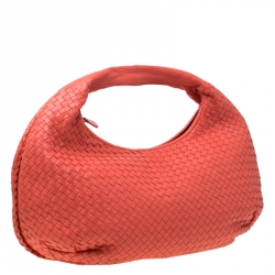 Pre Owned Bottega Veneta Coral Orange Intrecciato Leather Large Veneta Hobo
