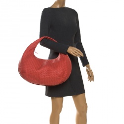 Pre Owned Bottega Veneta Coral Orange Intrecciato Leather Large Veneta Hobo