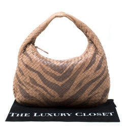 Pre Owned Bottega Veneta Brown Tiger Stripe Intrecciato Leather and Snakeskin Trim Medium Veneta Hobo