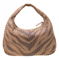 Pre Owned Bottega Veneta Brown Tiger Stripe Intrecciato Leather and Snakeskin Trim Medium Veneta Hobo