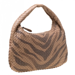 Pre Owned Bottega Veneta Brown Tiger Stripe Intrecciato Leather and Snakeskin Trim Medium Veneta Hobo