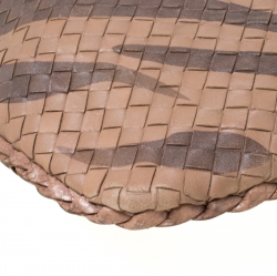 Pre Owned Bottega Veneta Brown Tiger Stripe Intrecciato Leather and Snakeskin Trim Medium Veneta Hobo