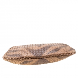 Pre Owned Bottega Veneta Brown Tiger Stripe Intrecciato Leather and Snakeskin Trim Medium Veneta Hobo