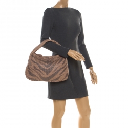 Pre Owned Bottega Veneta Brown Tiger Stripe Intrecciato Leather and Snakeskin Trim Medium Veneta Hobo