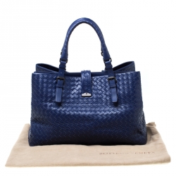 Pre Owned Bottega Veneta Blue Intrecciato Leather Medium Roma Tote