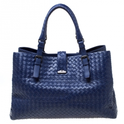 Pre Owned Bottega Veneta Blue Intrecciato Leather Medium Roma Tote