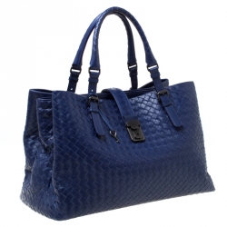 Pre Owned Bottega Veneta Blue Intrecciato Leather Medium Roma Tote