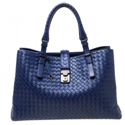 Pre Owned Bottega Veneta Blue Intrecciato Leather Medium Roma Tote