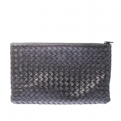 Bottega Veneta Metallic Silver Leather Intercciato Nappa Pouch
