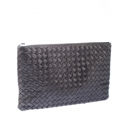Bottega Veneta Metallic Silver Leather Intercciato Nappa Pouch