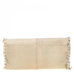 Pre Owned Bottega Veneta Beige Lizard Flap Clutch