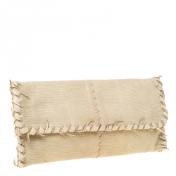Pre Owned Bottega Veneta Beige Lizard Flap Clutch