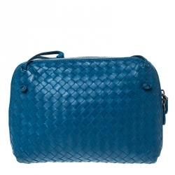Pre Owned Bottega Veneta Blue Intrecciato Leather Nodini Crossbody Bag