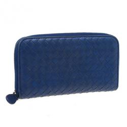 Pre Owned Bottega Veneta Blue Intrecciato Nappa Zip Wallet