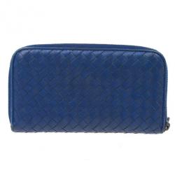 Pre Owned Bottega Veneta Blue Intrecciato Nappa Zip Wallet