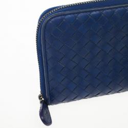 Pre Owned Bottega Veneta Blue Intrecciato Nappa Zip Wallet