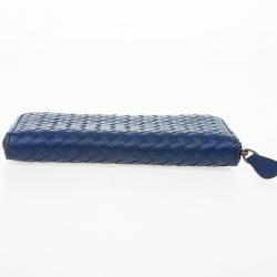 Pre Owned Bottega Veneta Blue Intrecciato Nappa Zip Wallet