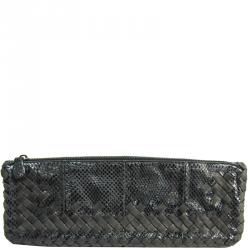 Pre Owned Bottega Veneta Black Intrecciato Snake Leather And Textile Clutch Bag