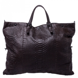 Pre Owned Bottega Veneta Dark Brown Python Large Convertible Tote