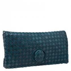 Pre Owned Bottega Veneta Green Intrecciato Snakeskin and Leather Twist Lock Clutch