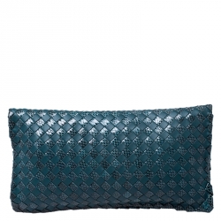 Pre Owned Bottega Veneta Green Intrecciato Snakeskin and Leather Twist Lock Clutch