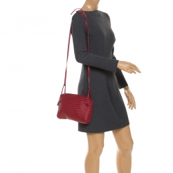 Pre Owned Bottega Veneta Red Intrecciato Leather Nodini Crossbody Bag
