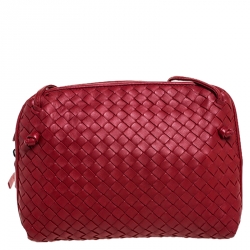 Pre Owned Bottega Veneta Red Intrecciato Leather Nodini Crossbody Bag