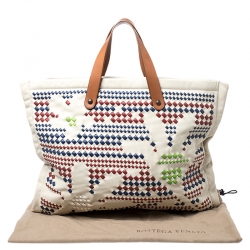 Pre Owned Bottega Veneta Multicolor Intrecciato-Trimmed Leather Shopper Tote  